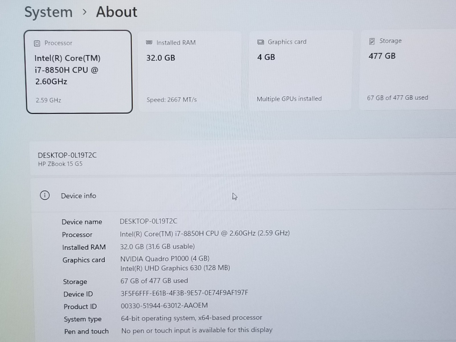 HP ZBook 15 G5 15″ Laptop i7-8850H 2.6GHz 32GB RAM 512GB NVMe QUADRO P1000 W11P