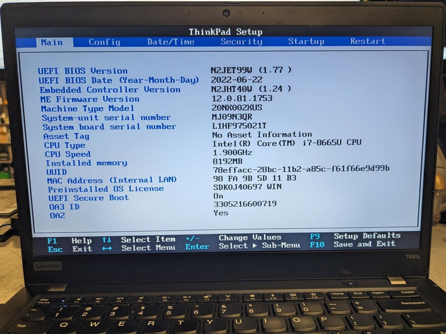 LENOVO THINKPAD T490S i7-8665U @ 1.90GHz, 8GB RAM, NO HDD/OS