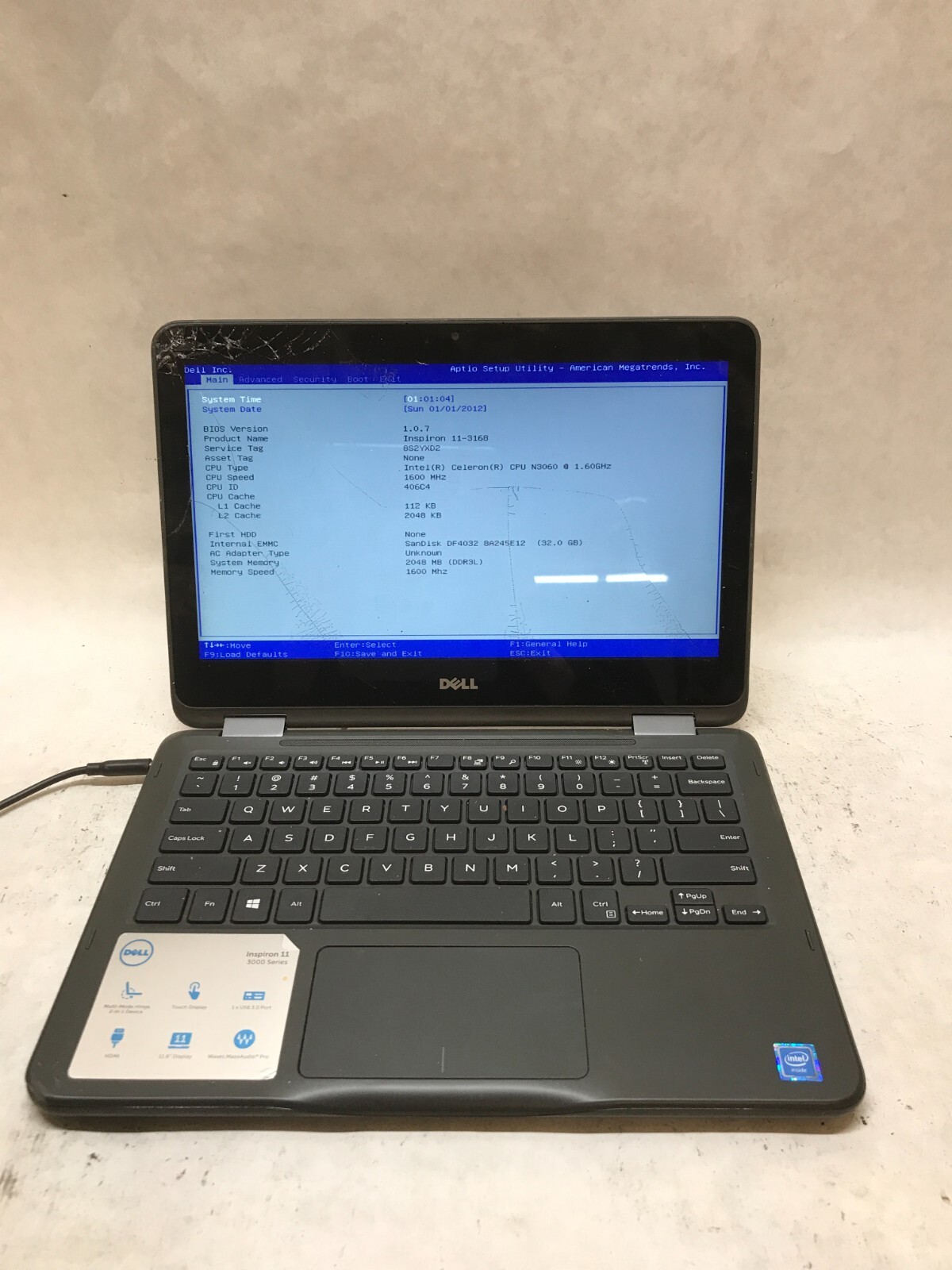 Dell Inspiron 11-3168 11″ Celeron N3060 4GB RAM 32GB eMMC For Parts Cracked – DW