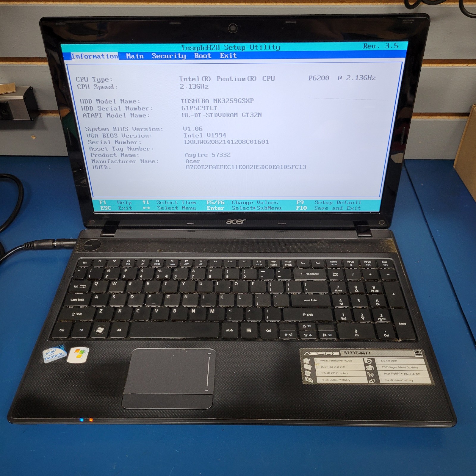 Acer Aspire 5733z-4477 15.6″ Laptop Intel Pent P6200 @2.13GHz 4GB RAM No HDD