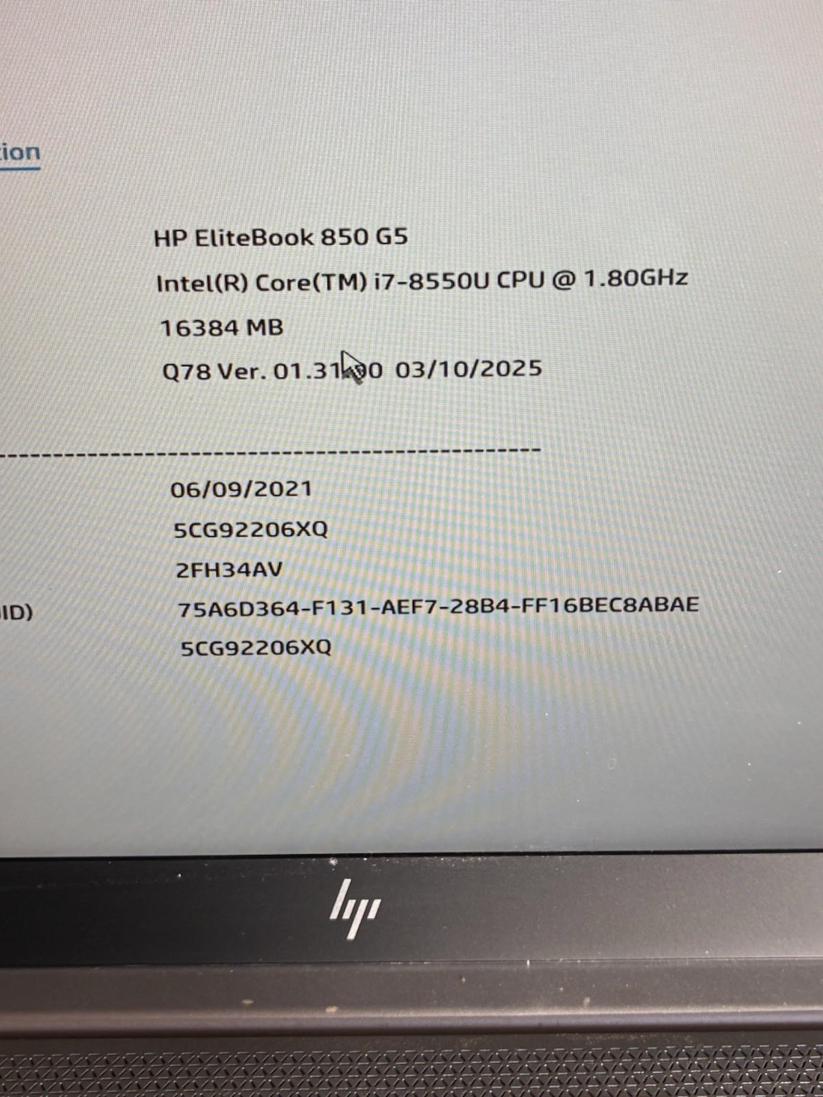HP EliteBook 850 G5 i7-8550U 1.80 GHz No RAM No SSD No Adapter READ