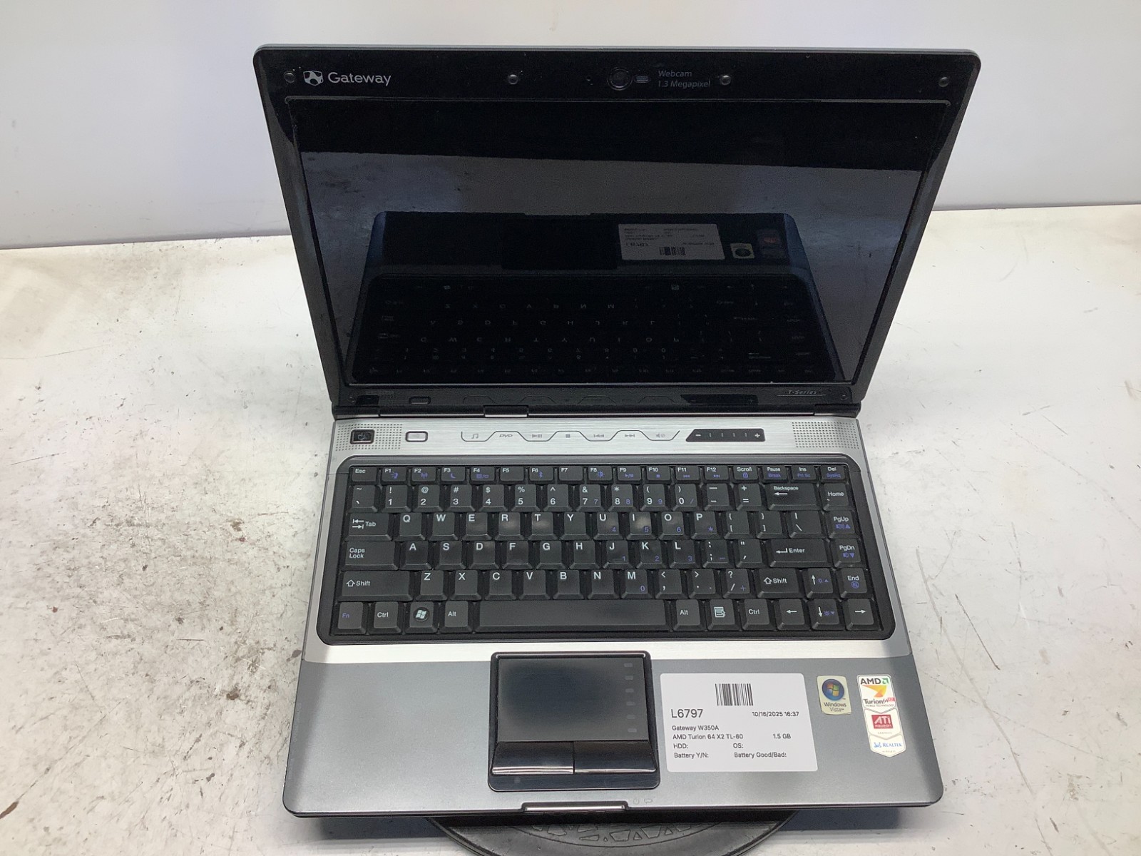 Gateway W350A AMD Turion 64 X2 TL-60 2000MHz 1.5 GB NO HDD/Battery