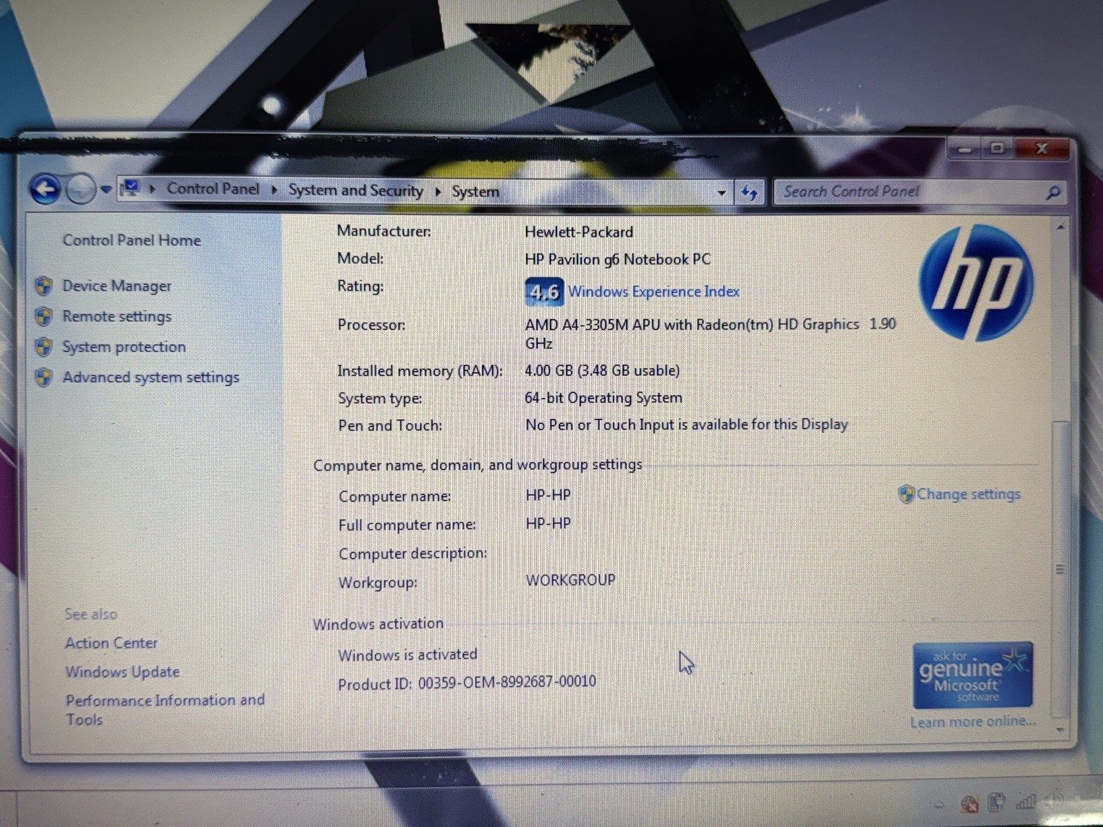 HP Pavilion G6 AMD A4-3305M APU with RadeonHD 4 GB Windows 7 Working-OEM Charge