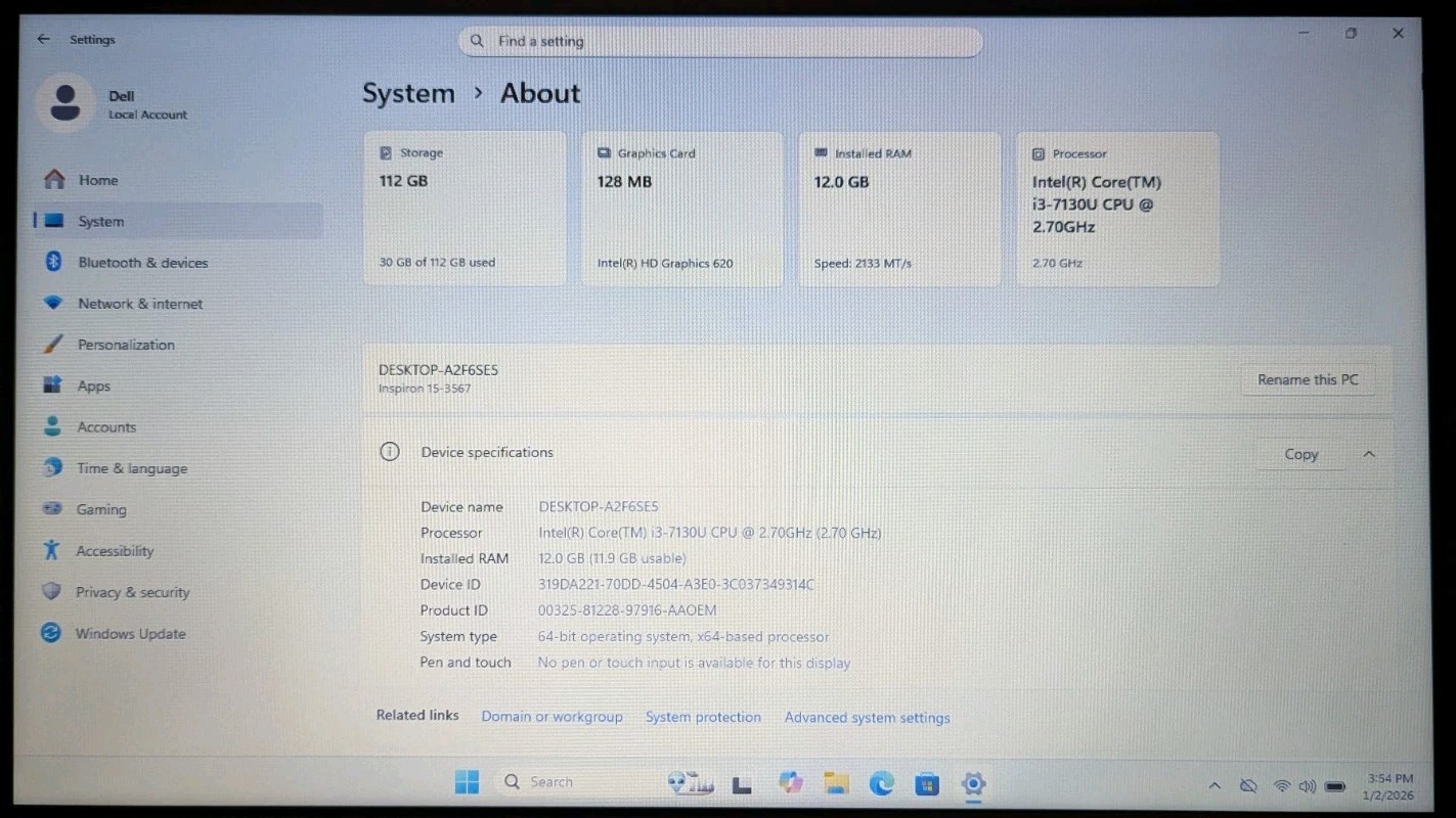 Dell Inspiron 3567 15.6″ Core i3-7130U 2.70GHz 12GB RAM 128GB SSD Windows 11