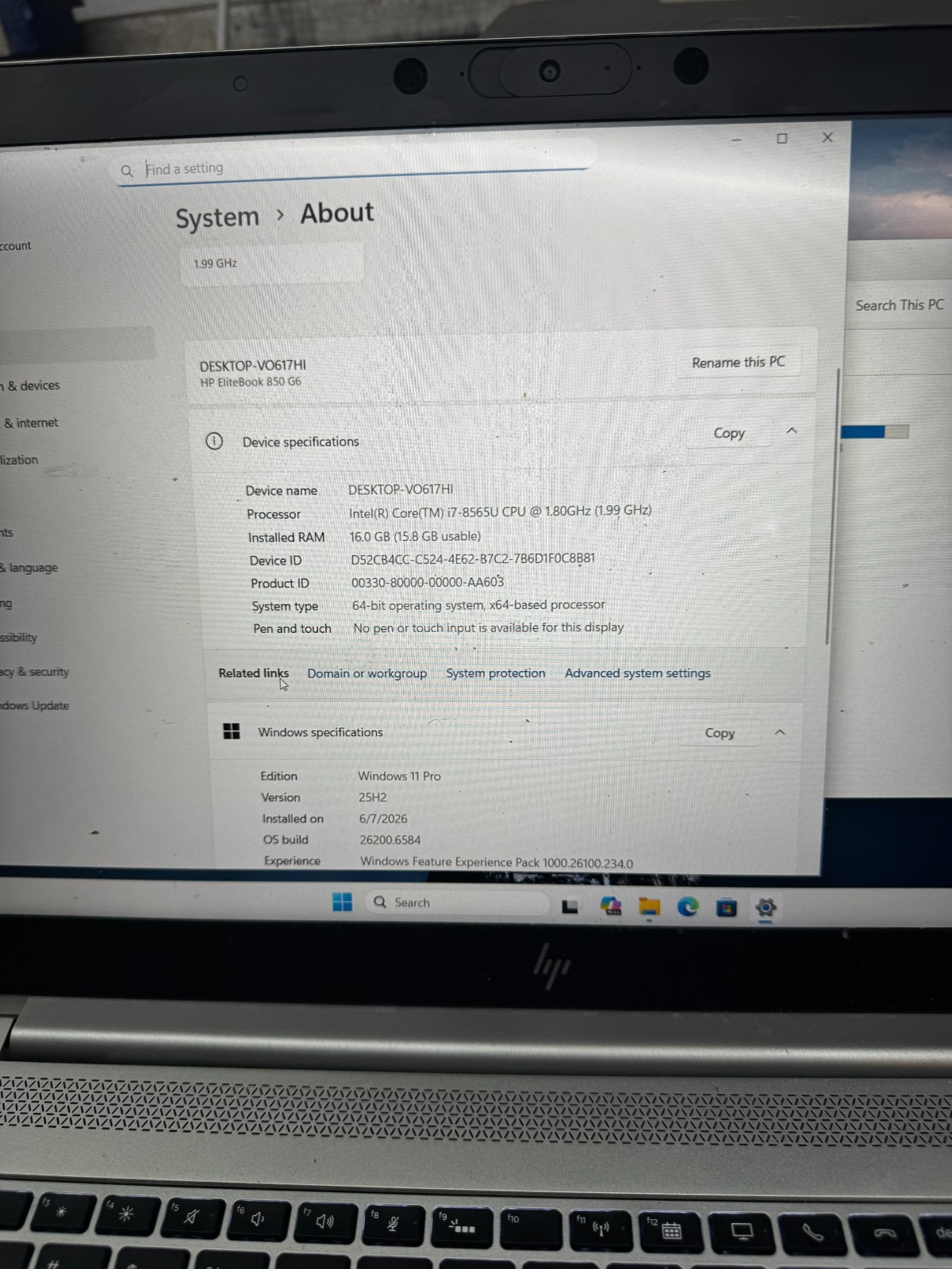 HP EliteBook 850 G6 Core I7-8565U 256GB SSD 16GB RAM Win11 Pro Laptop*READ #6126