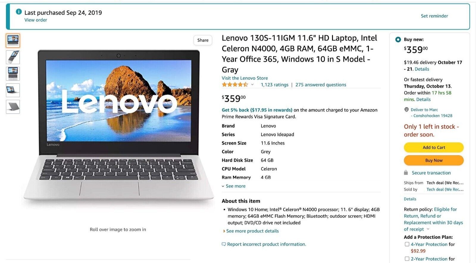 Really Nice Lenovo Ideapad 130S-11IGM 11.6″ 4GB DDR4 64GB SSD  – Gray