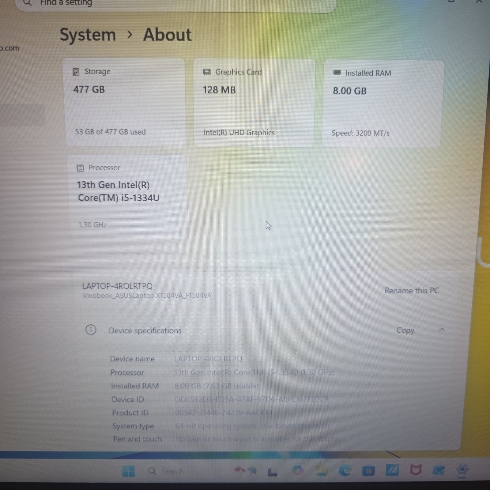 ASUS F1504V VIVOBOOK 15.6 I5-1334u 8GB,RAM 512GB SSD NO CHARGER (EFC)