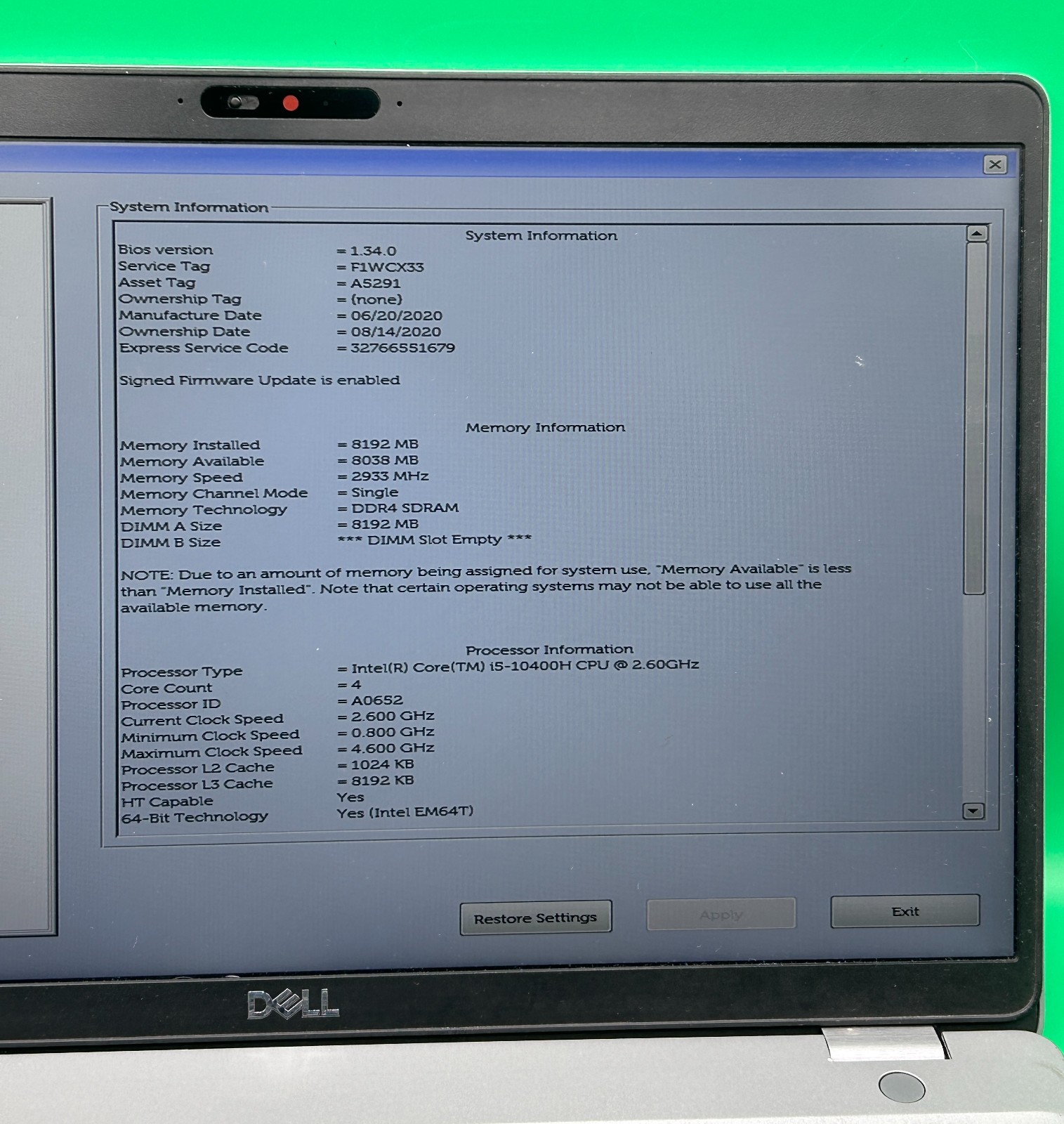Dell Precision 3551 15.6″ i5-10400H 2.60GHz 8GB RAM No SSD No OS Tested