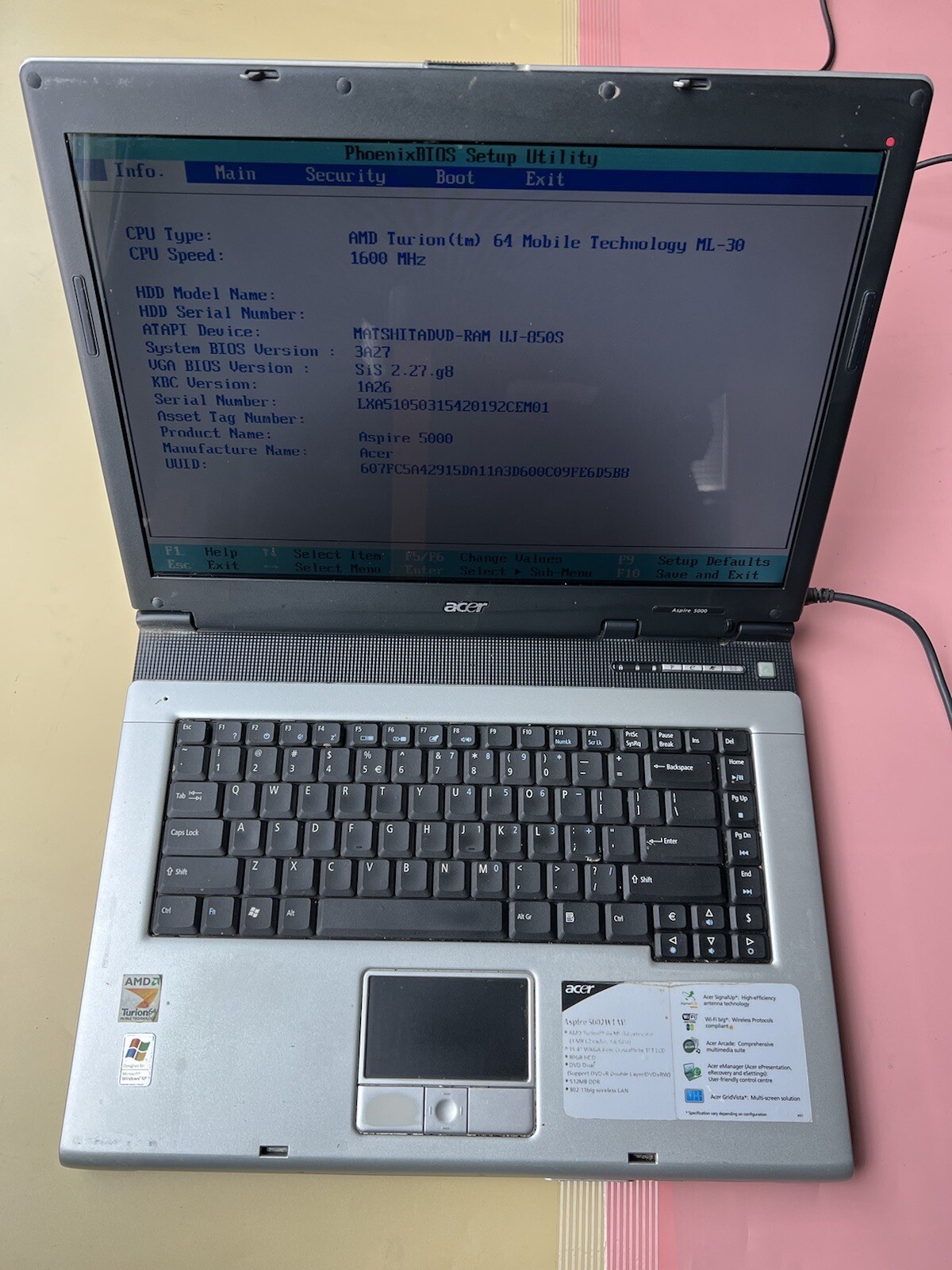 Acer Aspire 5000 15.4″ AMD Turion 1.60GHz 640KB RAM 0GB HDD BIOS BOOT