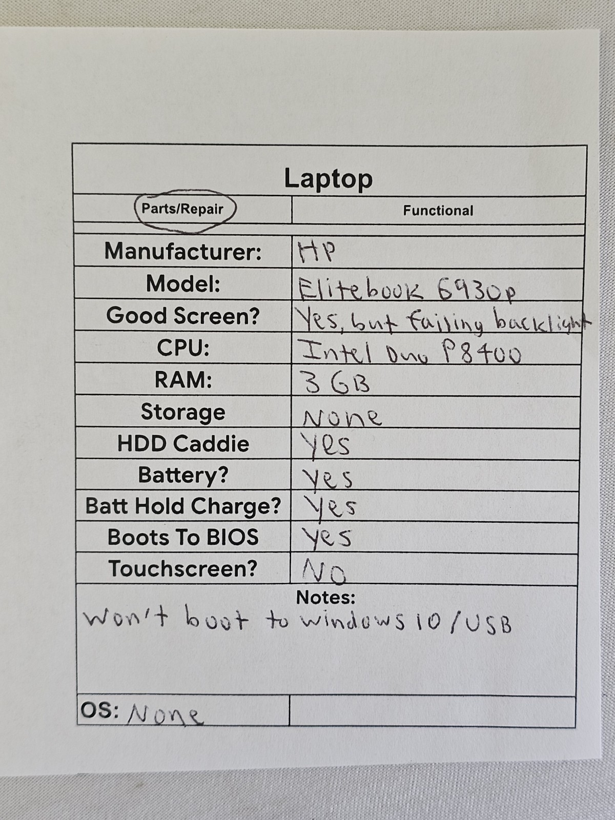HP EliteBook 6930p Laptop – Intel Duo P8400 – 3GB RAM – NO HDD/OS – Parts – READ