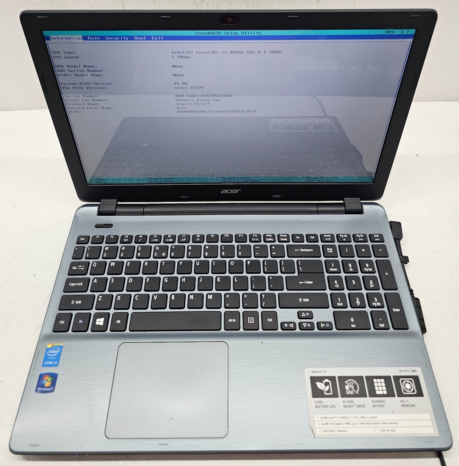 Acer Aspire E15 E5-571-38KI Laptop Intel Core i3-4005U 4GB Ram NO HD/OS (FL)