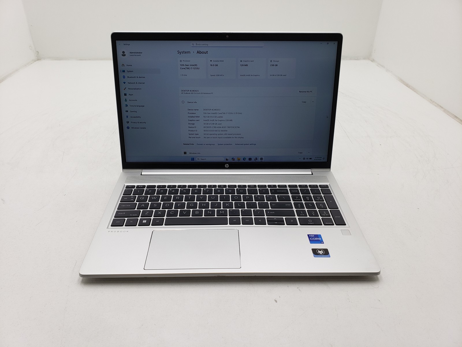 HP ProBook 450 G9 i7-1255U 16GB RAM 256GB SSD 15.6in Iris Graphics 128MB Tested
