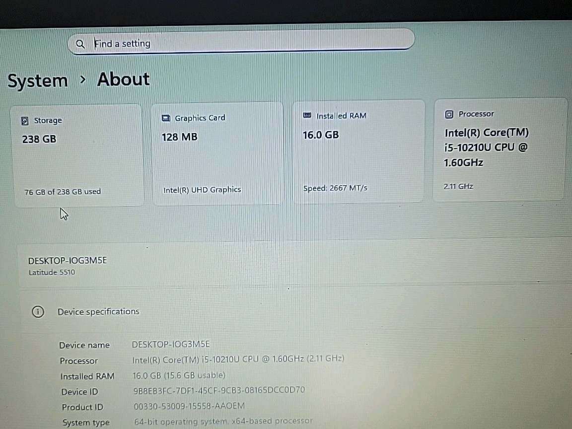 DELL Latitude 5510 i5-10210U 1.6GHz-4.20GHz Max, 16Gb RAM, 256Gb NVme, Win11 Pro