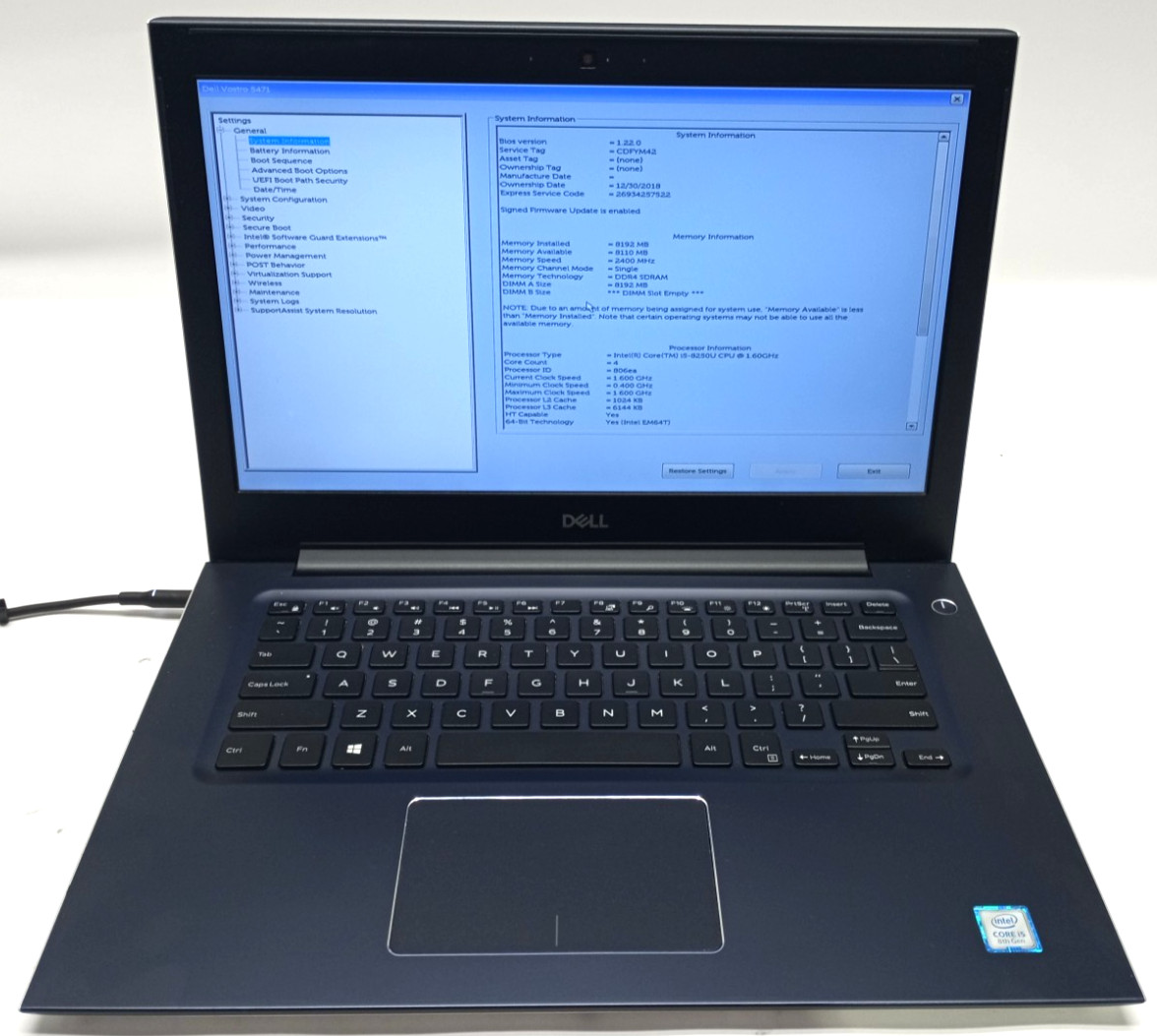 Dell Vostro 5471 i5-8250U@1.60GHz 8GB RAM 256GB NVMe Win11Pro No Battery MC460*