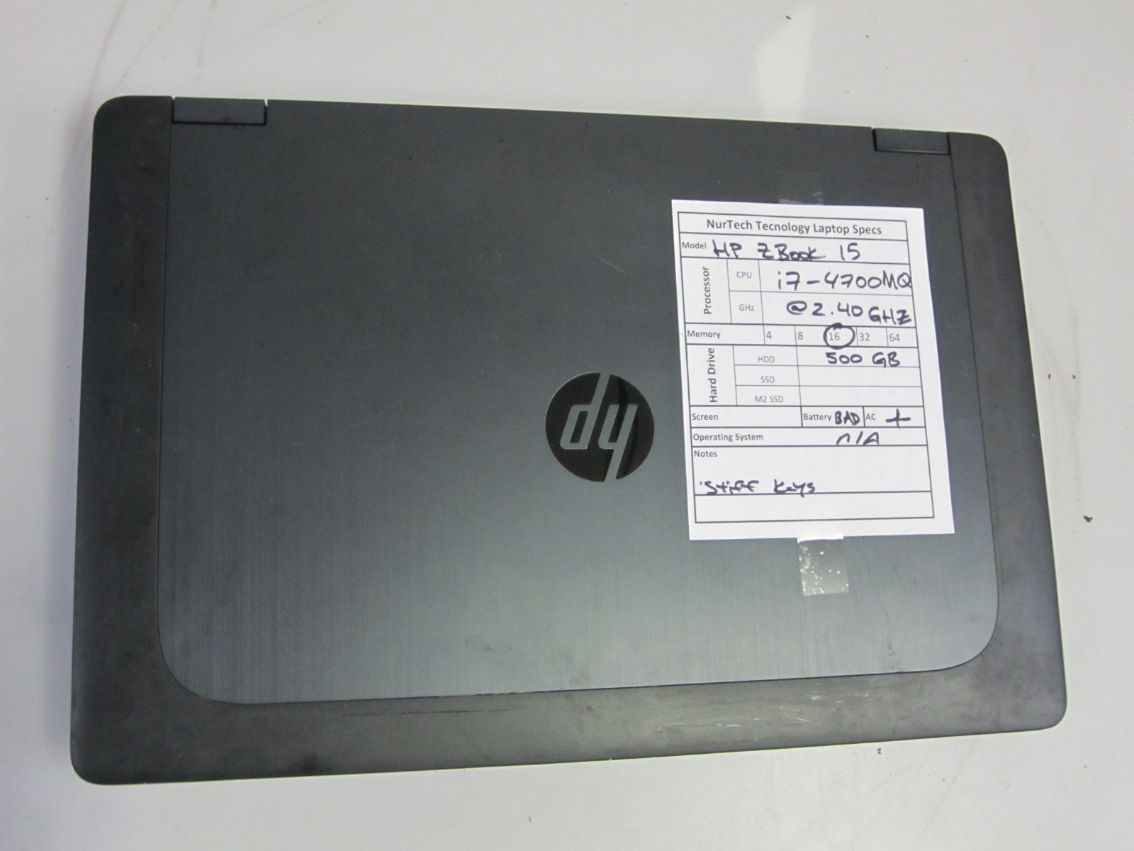 HP ZBook 15 i7-4700MQ 2.40GHZ 16GB 500GB HDD Laptop w/ AC [NO OS] READ