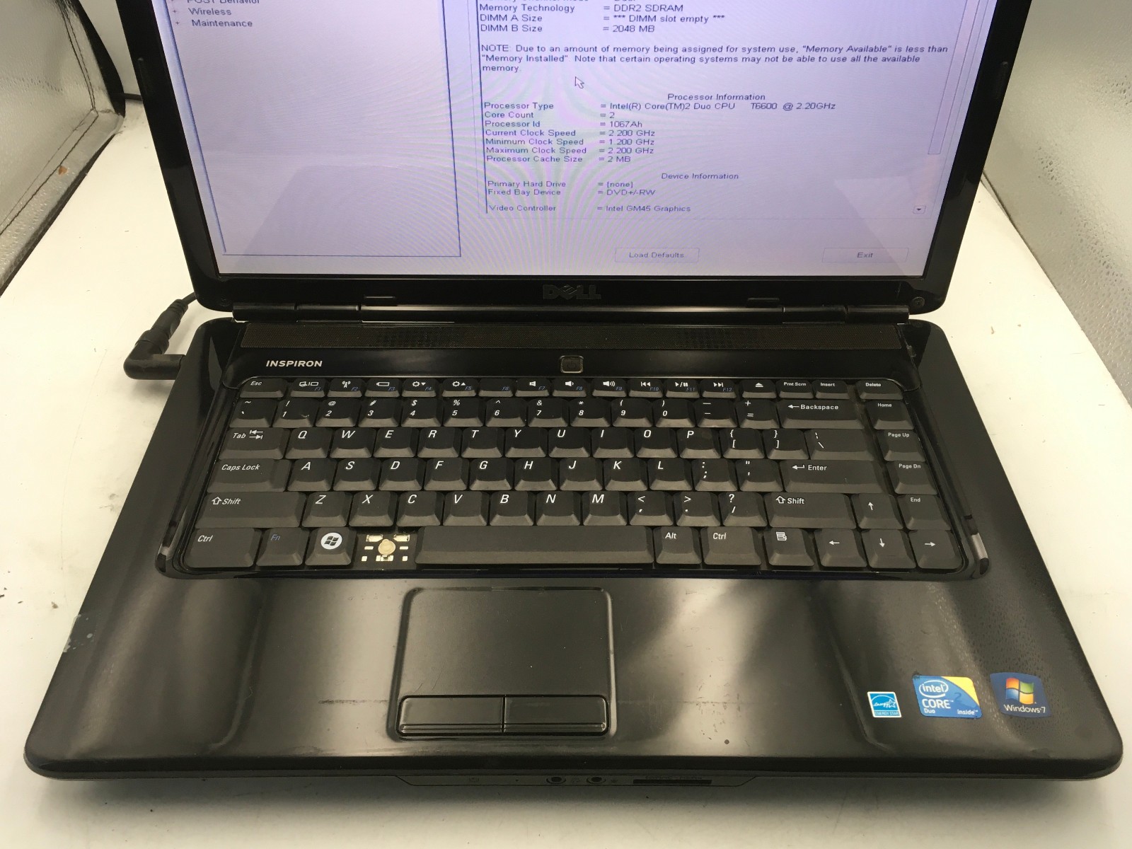 DELL INSPIRON 1545 – BOOTS TO BIOS – INTEL 2 DUO T6600 – 2GB RAM – READ DESC -BB