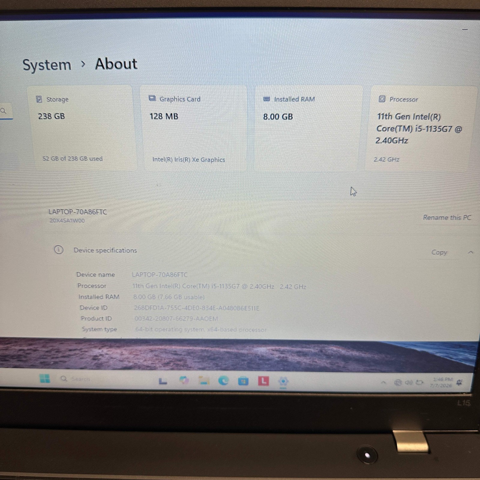 Lenovo ThinkPad L15 Gen 2 70A86FTC 15.6″ i5-1135G7 2.4GHz 8GB RAM 256GB SSD