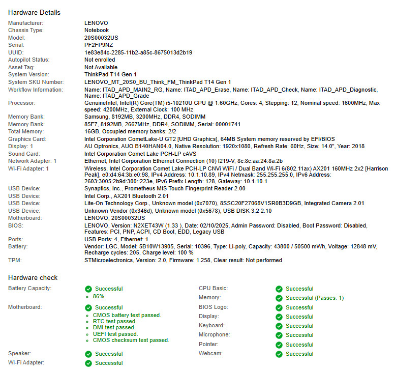 Lenovo ThinkPad T14 Gen 1, Core i5-10210U, @ 1.60GHz, 16GB RAM-No HDD/OS/Adapter