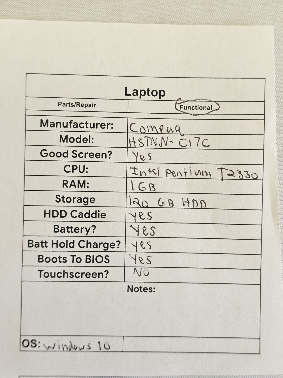 Compaq HSTNN-C17C Laptop – Intel Pentium T2330 – 1GB RAM – 120GB HDD Windows 10