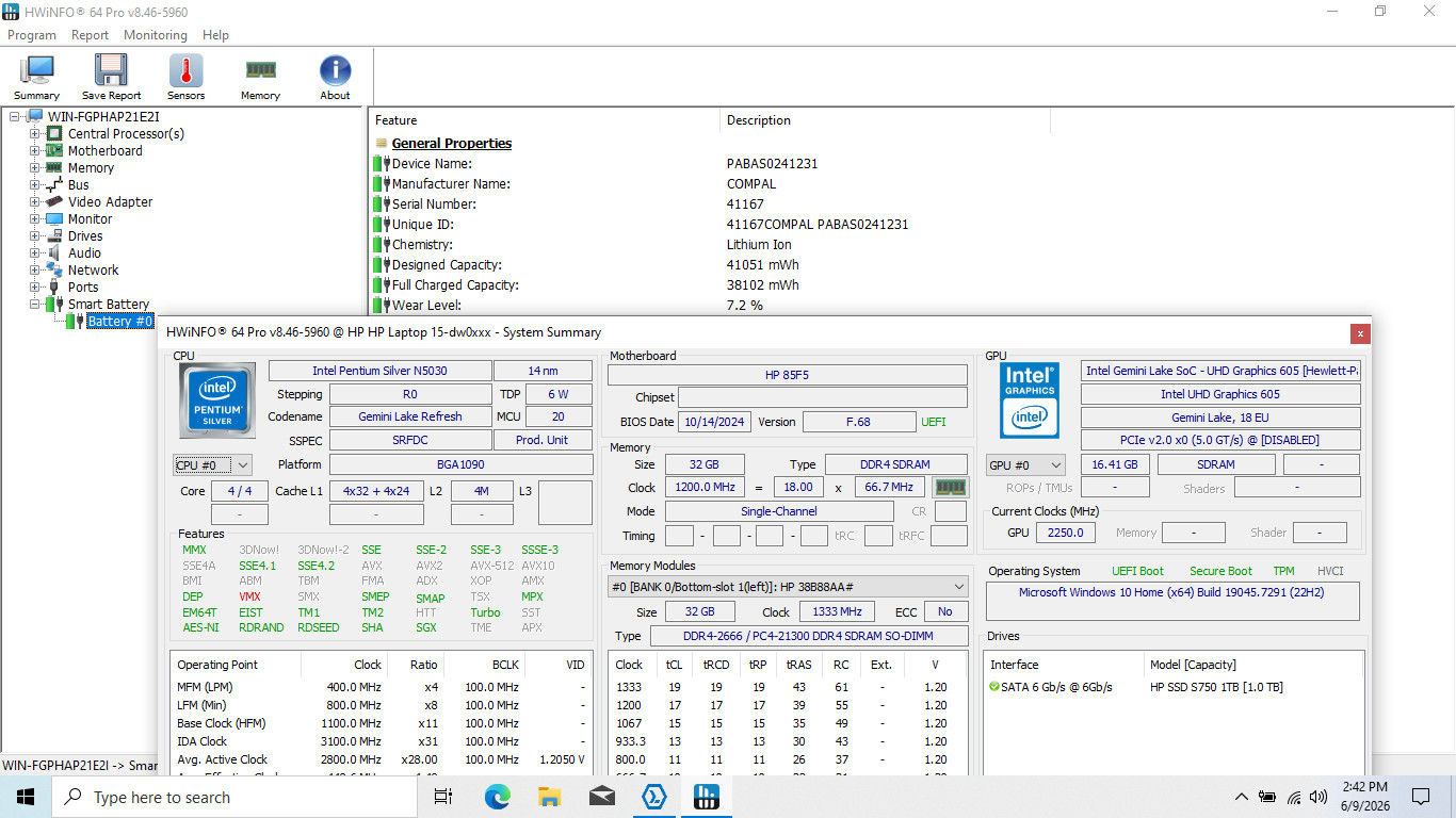 HP Notebook 15-dw0083wm 15″ HD PENTIUM SILVER N5030 1TB SSD 32GB W10 Webcam