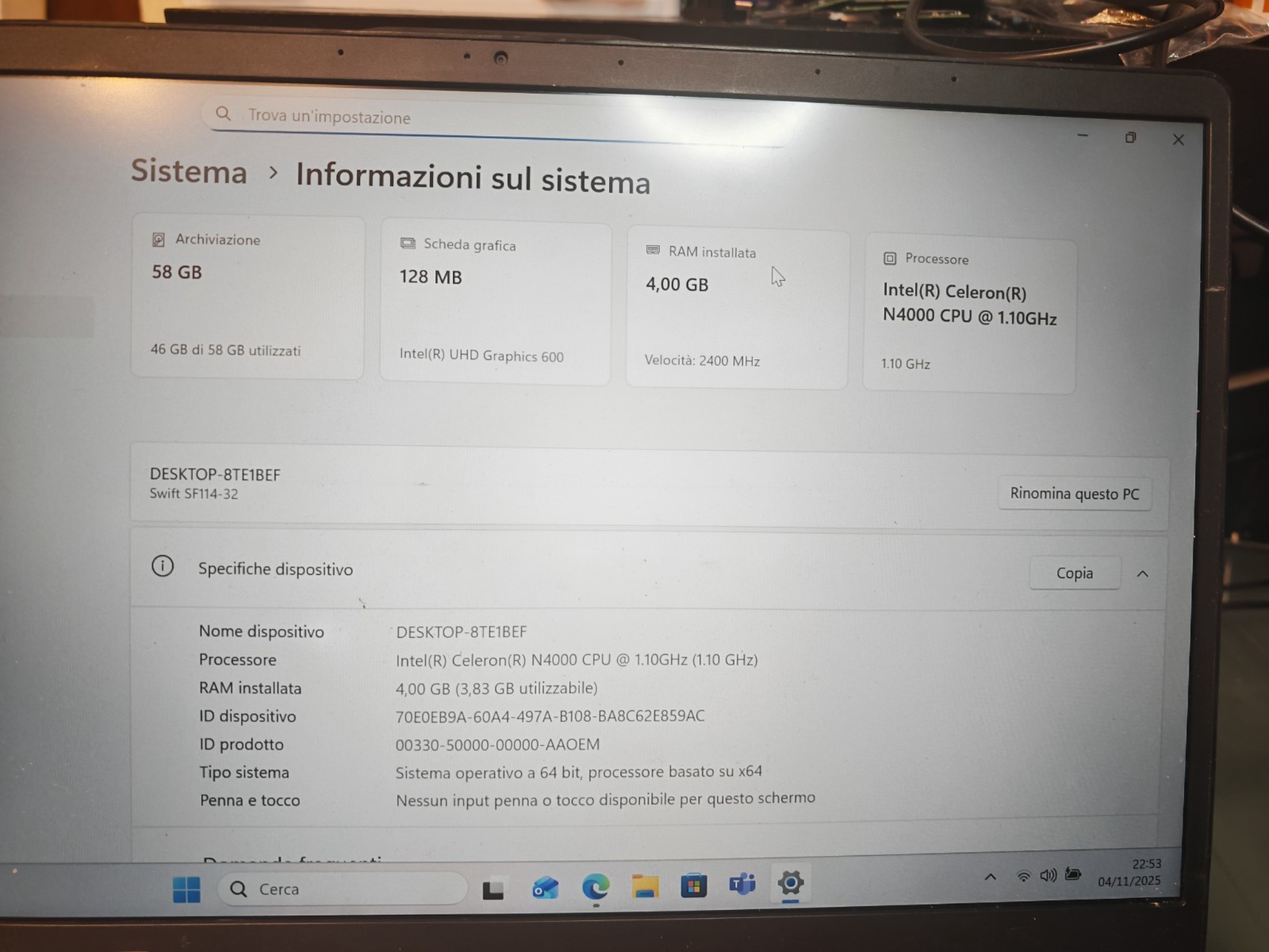ACER SF114-32 MOTHERBOARD 448.0E604.001M N4000 64GB EM 4GB UHD 600 NBGXH1100A #