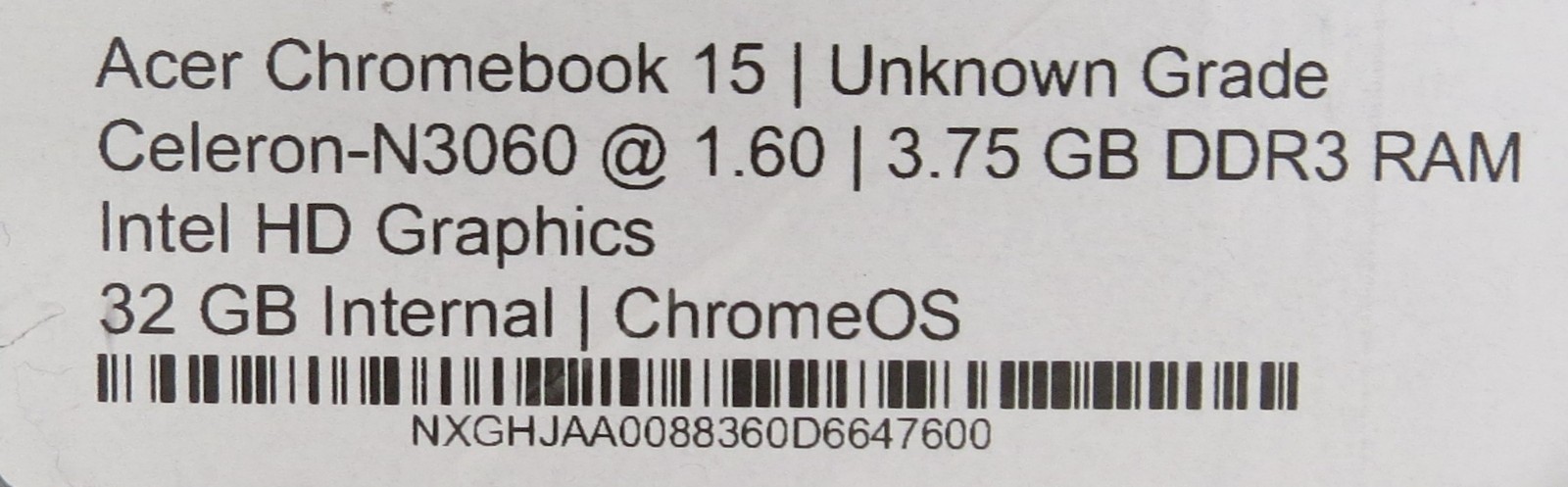 Acer Chromebook 15 Celeron-N3060 @ 1.6 GHz 4GB RAM 32GB internal ChromeOS