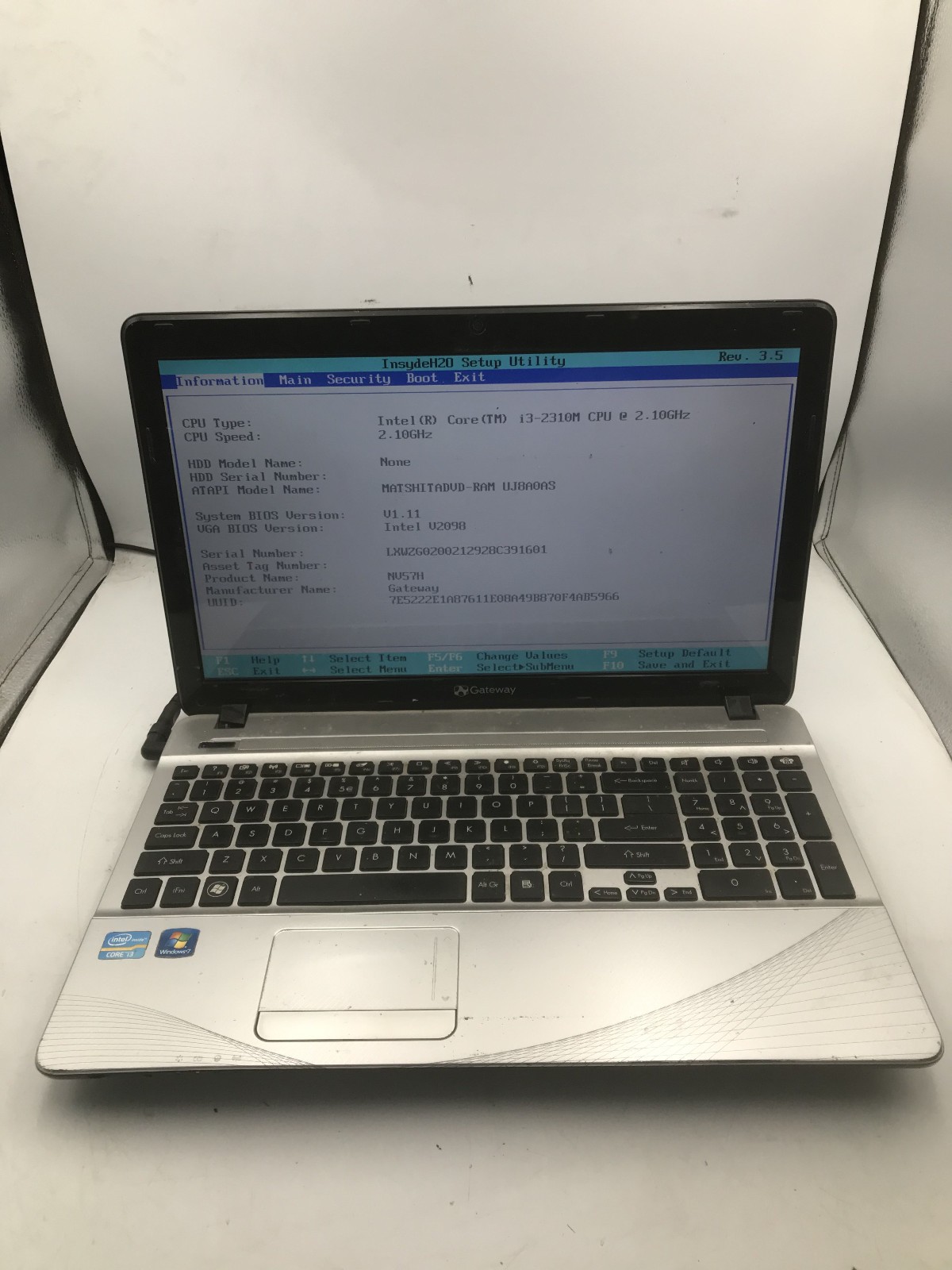 GATEWAY NV57H37U – BOOTS TO BIOS – INTEL I3 2310M – NO RAM – READ DESCRIP – BB!!