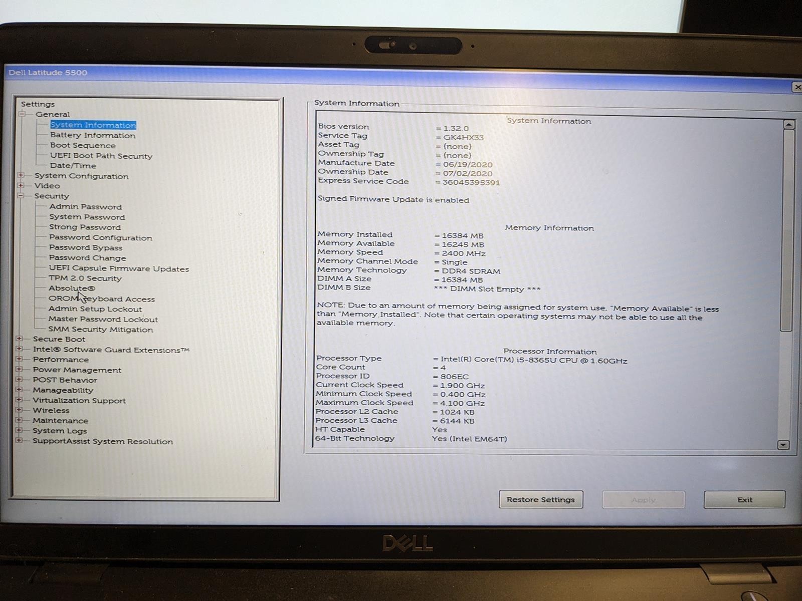 DELL LATITUDE 5500 i5-8365U @ 1.60GHz, 16GB RAM, NO HDD/OS – (FOR PARTS)