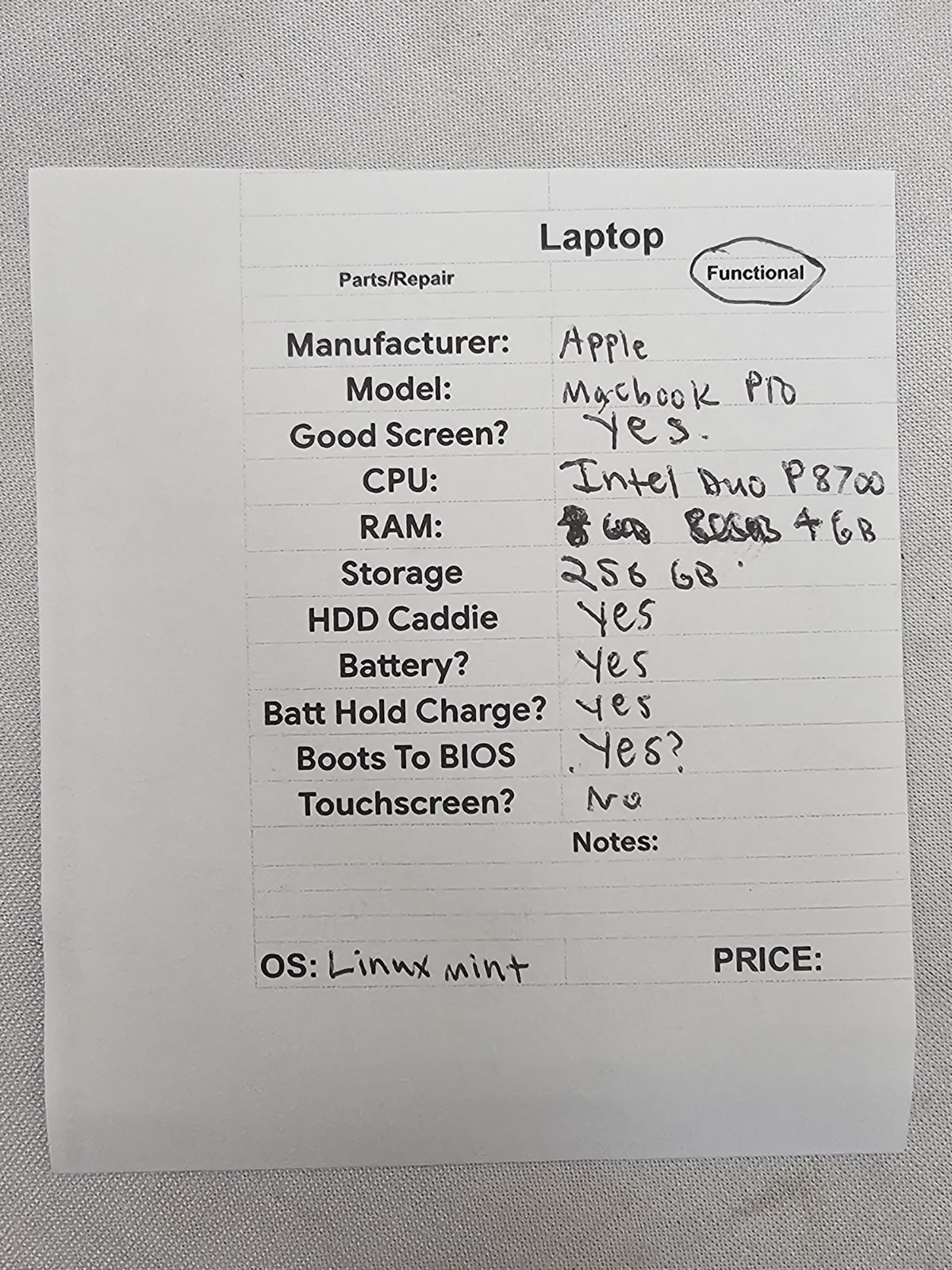 Apple MacBook Pro Laptop – Intel Duo P8700 – 4GB RAM – 256GB – Linux Mint