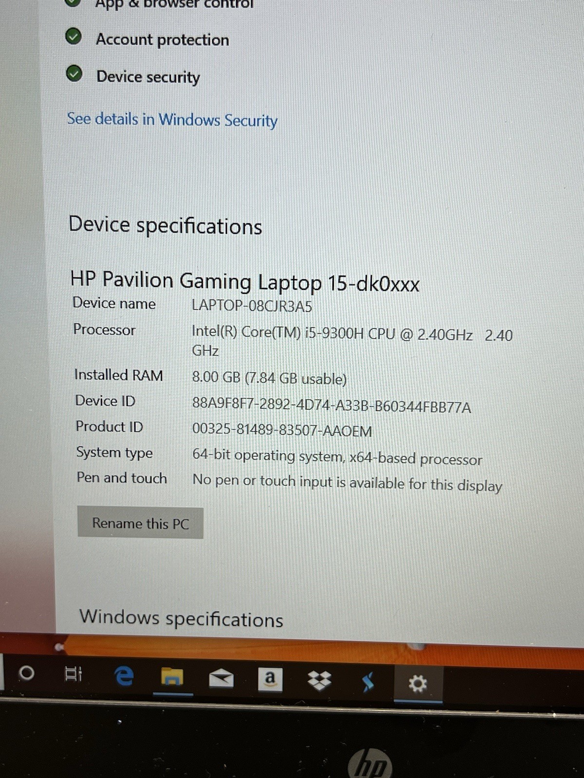 HP Pavilion 15.6” 256GB Intel Core i5 9th Gen 2.40GHz 8GB BATTERY NEEDS REPAIR