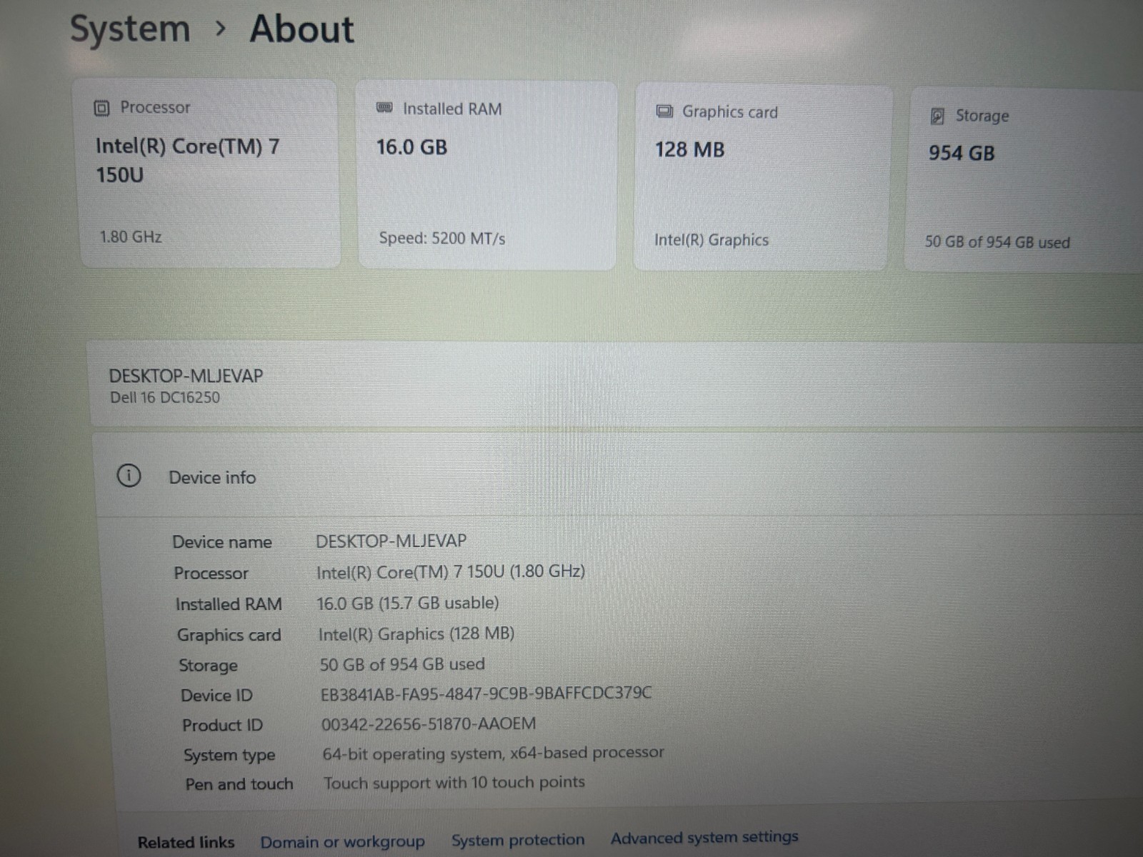 DELL 16 DC16250 MRYT3 Intel Core 7-150U, 1.80 GHz, 16 GB RAM, 1 TB NVMe SSD