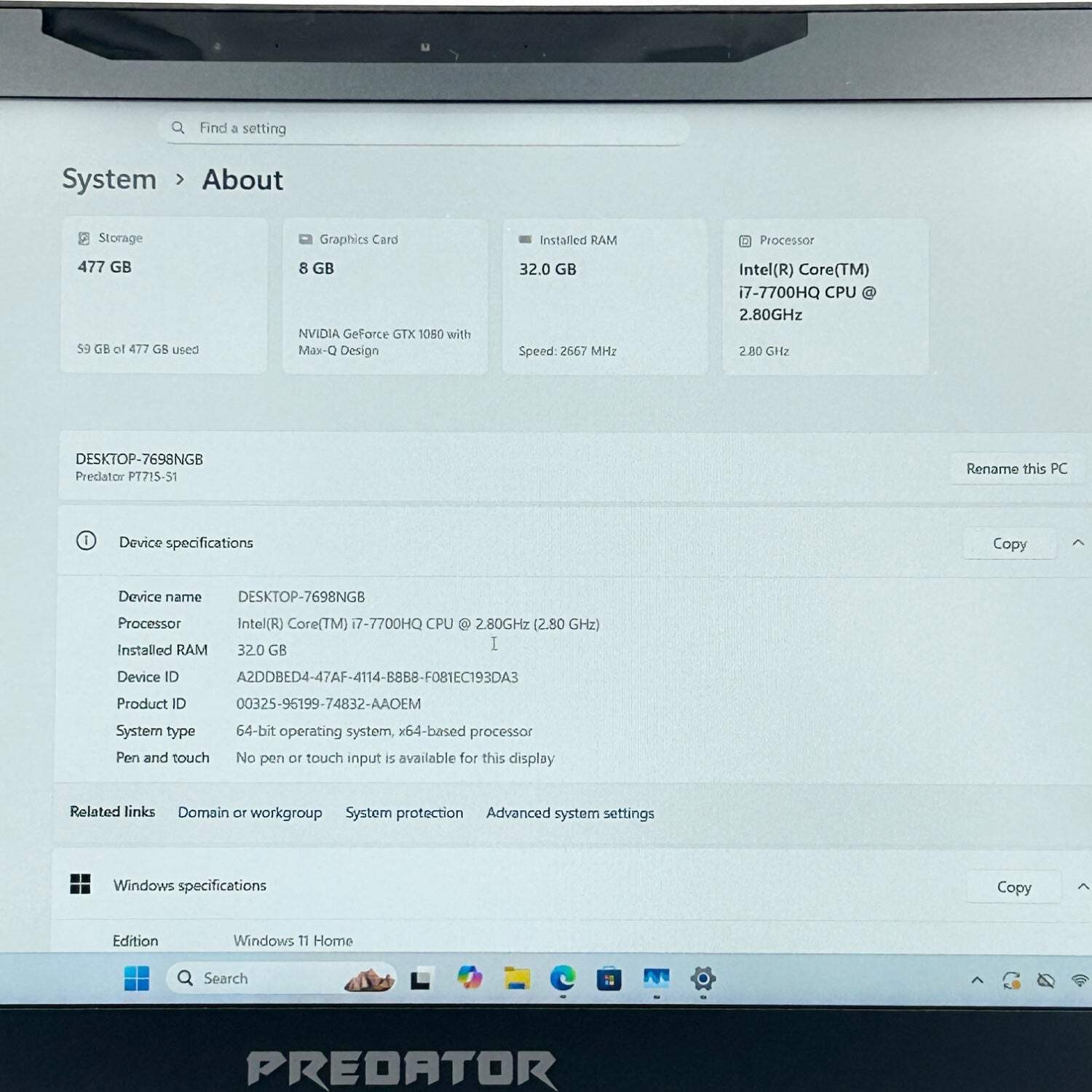 Acer Predator Triton 700 15.6″ i7-7700HQ 32GB RAM 512GB SSD GeForce GTX 1080