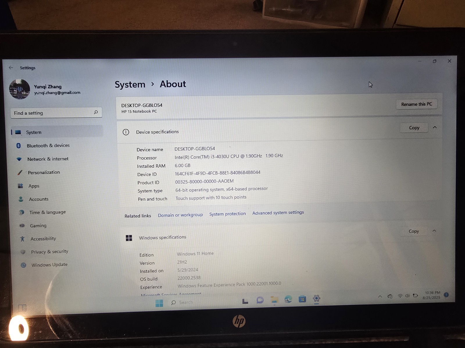 HP 15-f162dx Intel Core i3-4030U 6GB RAM Win11 home Touch Screen 250GB SSD