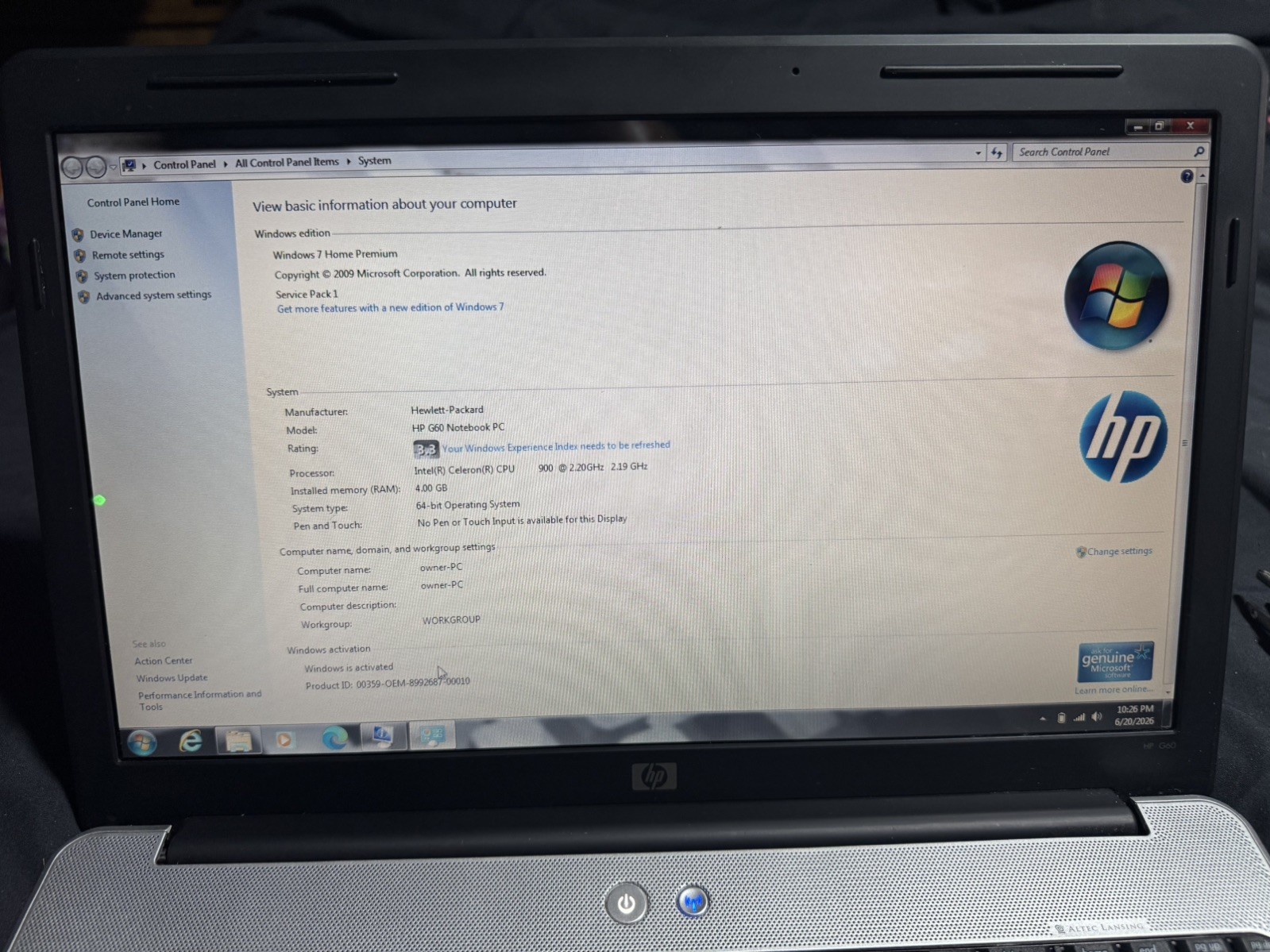 HP G60-519WM Intel Celeron 900 2.2GHz 15.6” 4GB 240GB Win7 Updated Cleaned Works