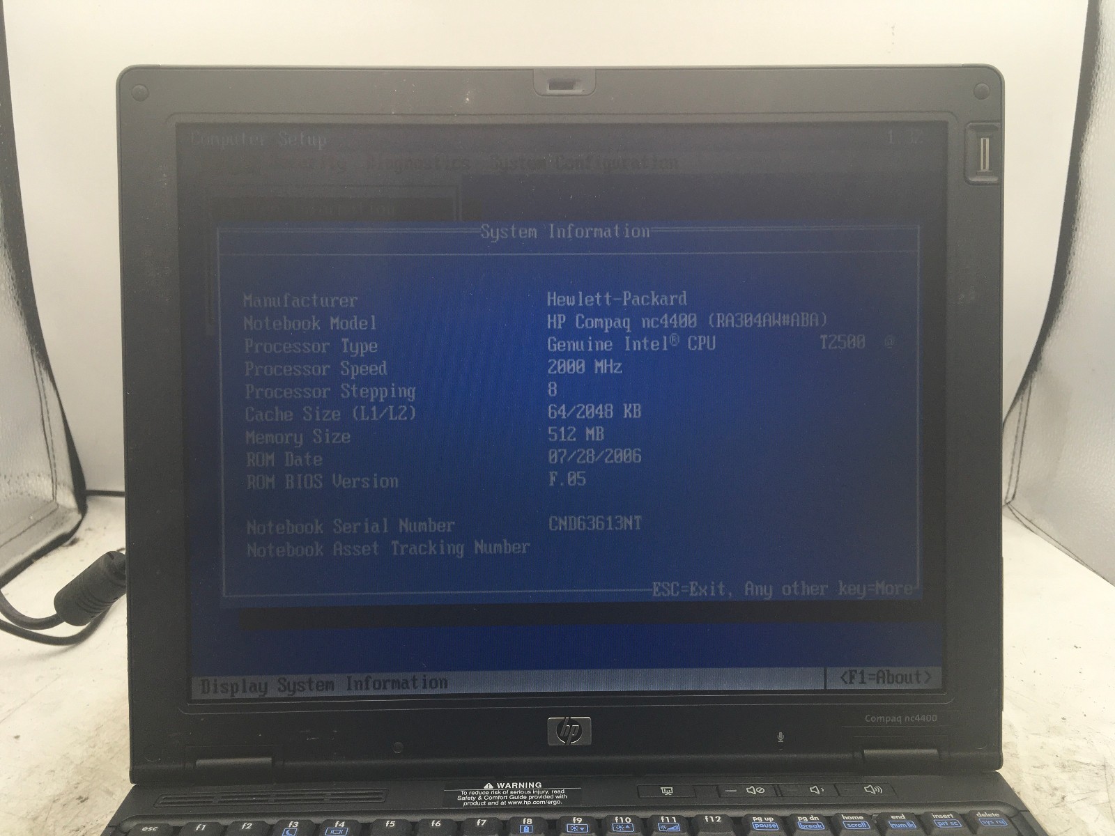 HP COMPAQ NC4400 – BOOTS TO BIOS – INTEL CENTRINO – 512MB RAM – READ DESCRIP -BB