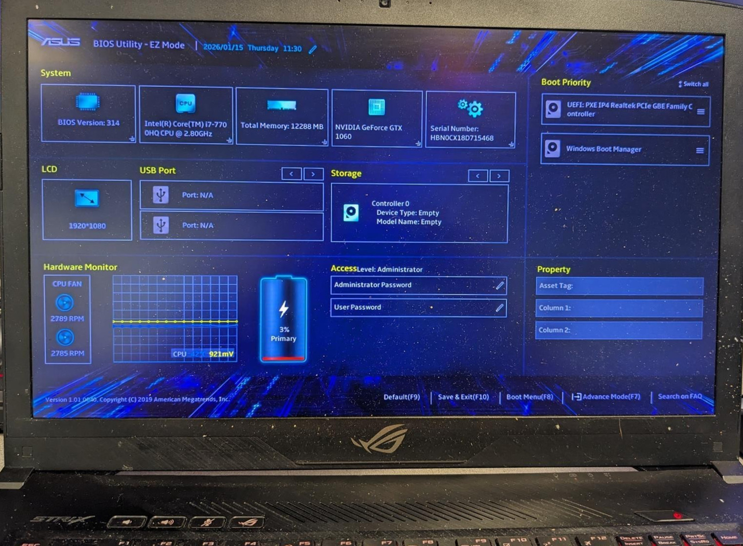 ASUS GL703V i7-7700HQ @ 2.80GHz, 12GB RAM, NO HDD/OS