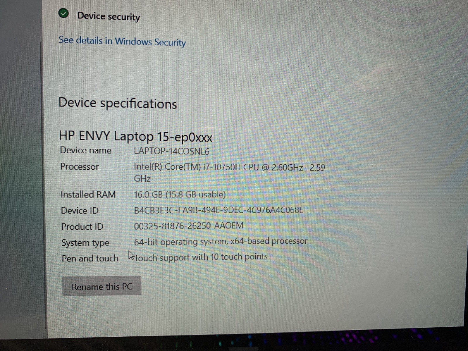 HP Envy 15.6 Laptop Full Touch HD i7-10750H 16GB 256GB SSD GTX1650Ti