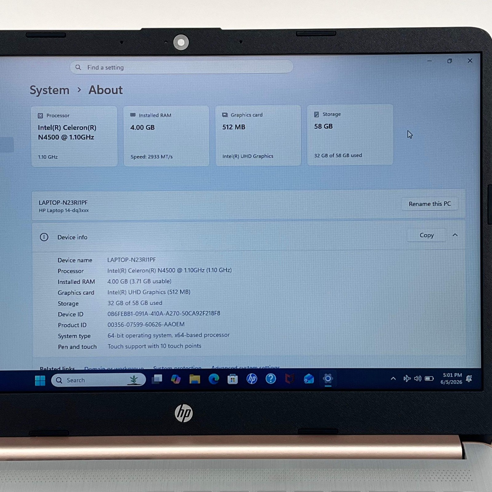 HP Laptop 14-DQ3280NR 14″ Celeron N4500 1.1GHz 4GB RAM 64GB SSD