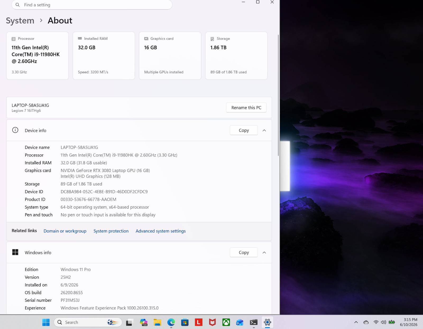 Lenovo Legion 7i Gray 165Hz QHD+ i9-11980HK 2.60GHz 32GB 2TB SSD RTX 3080 16GB