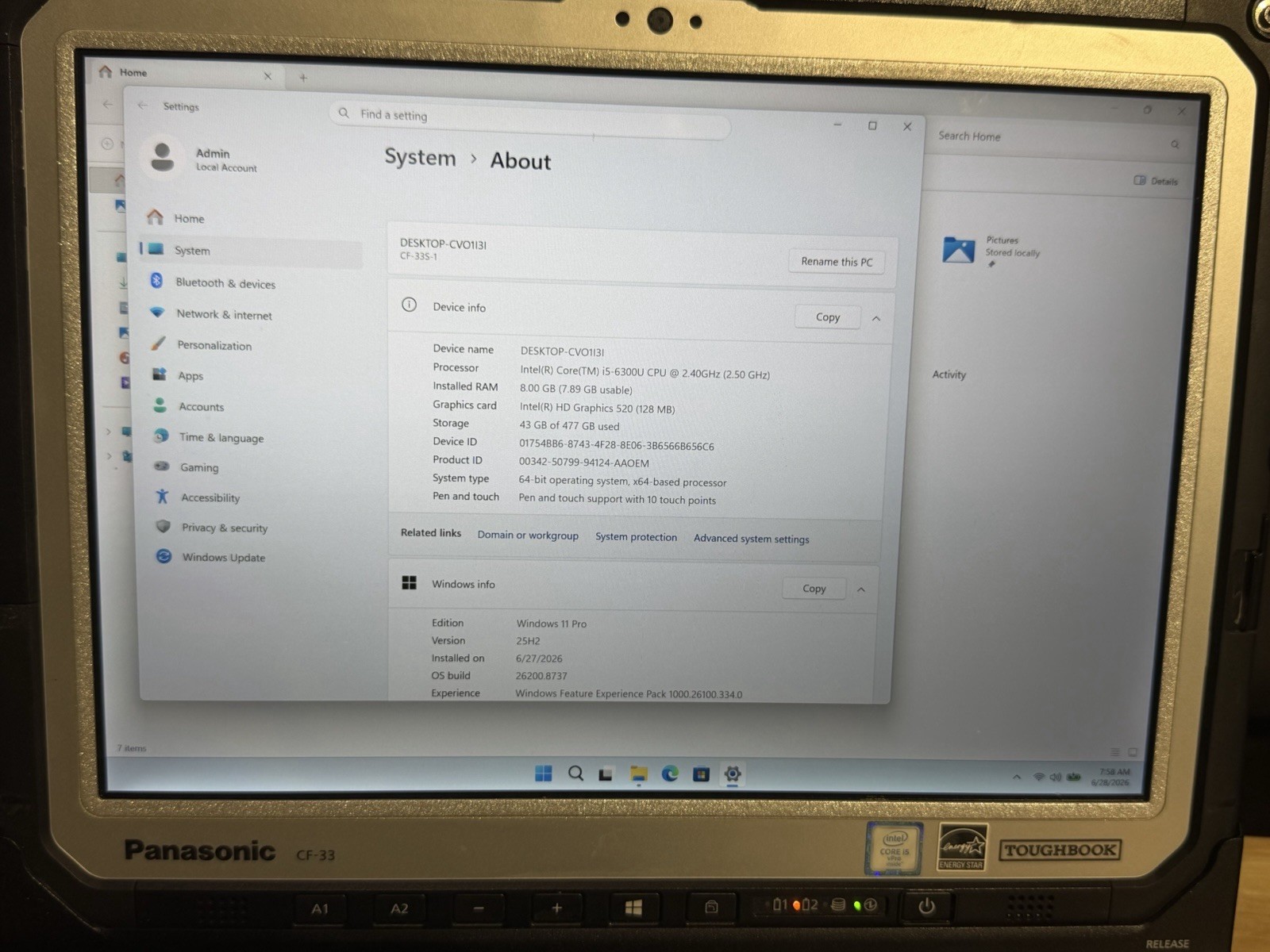 Panasonic ToughBook CF-33 12” i5-6300U 8GB Ram 512 GB SSD Win11 Pro. Touch