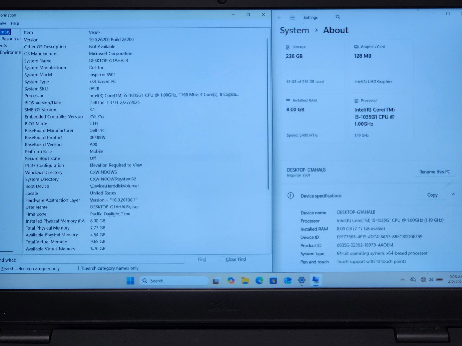 Lot of 2 DELL INSPIRON 3501 INTEL CORE I5-1035G1 1.00GHZ 8GB 256GB W11P *READ*