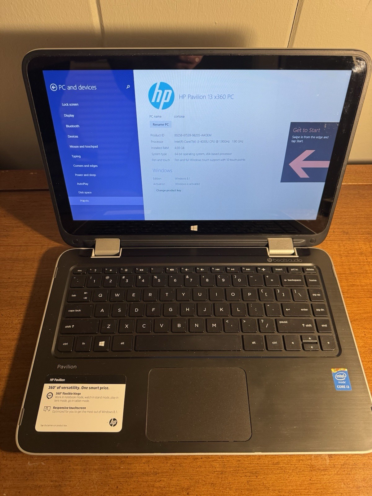 HP Pavilion 13 X360 Laptop Intel I3-4030U 1.9GHz, 4GB RAM