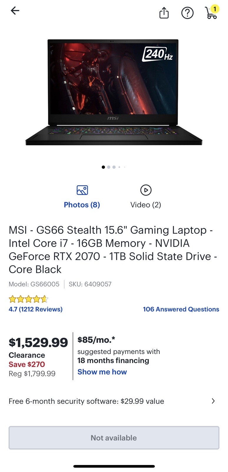 MSI GS66 Stealth 10SF 15.6″ (1TB NVMe SSD, Intel Core i7 10th Gen., 5.00 GHz,…
