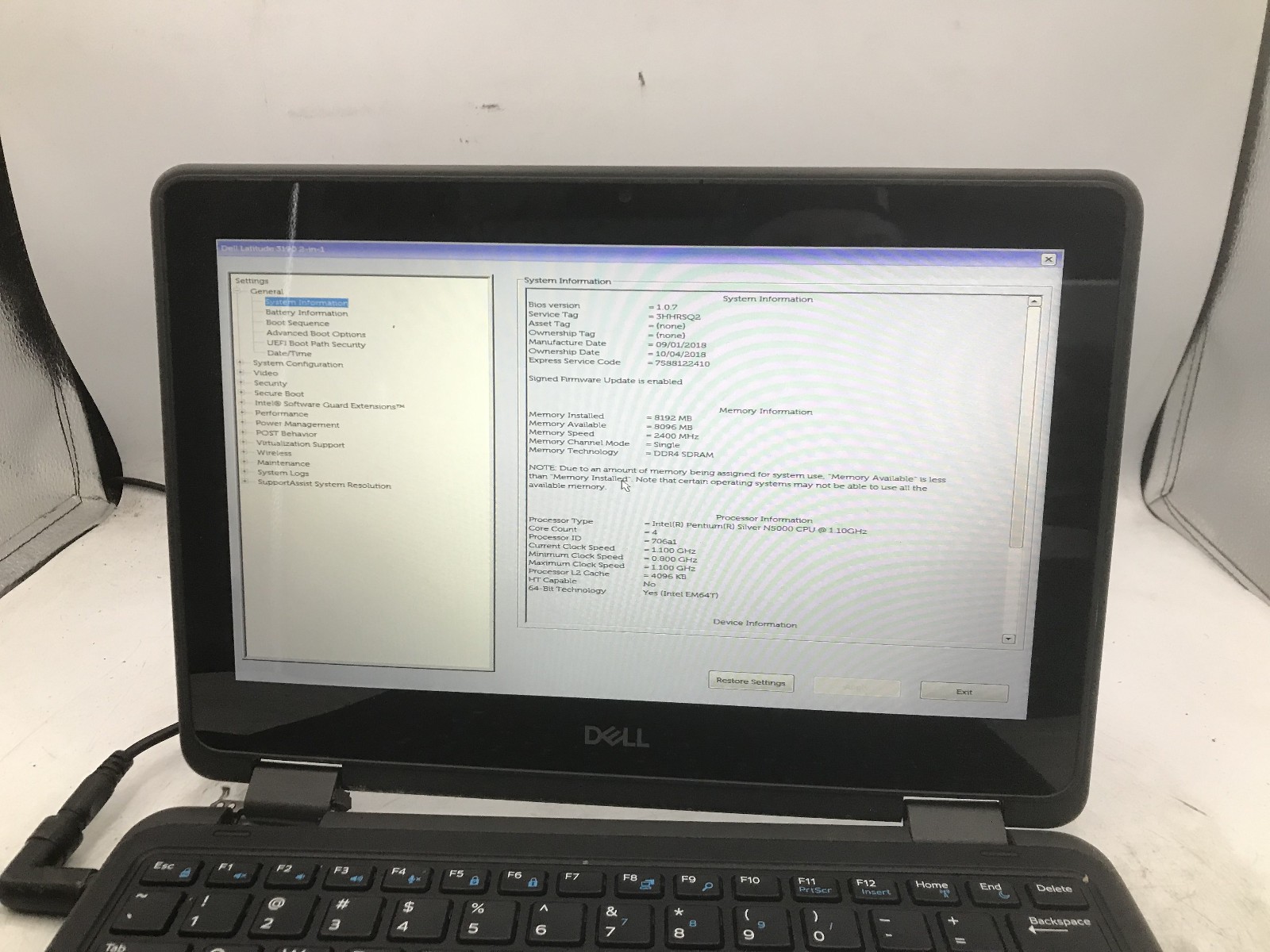 DELL LATITUDE 3190 -BOOTS TO BIOS- INTEL PENTIUM SILVER N5000 – 8GB RAM -READ-BB
