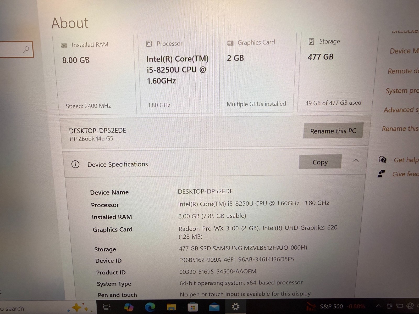 HP ZBOOK 14U G5 LAPTOP I5-8250U 1.60GHZ CPU 8GB RAM 512GB HD *NO AC BAD BATTERY