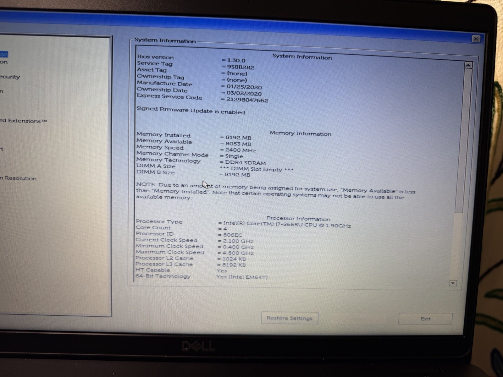 Dell Latitude 5500 15″Laptop – i7-8665U,8 GB RAM , NO SSD )excellent 🔋