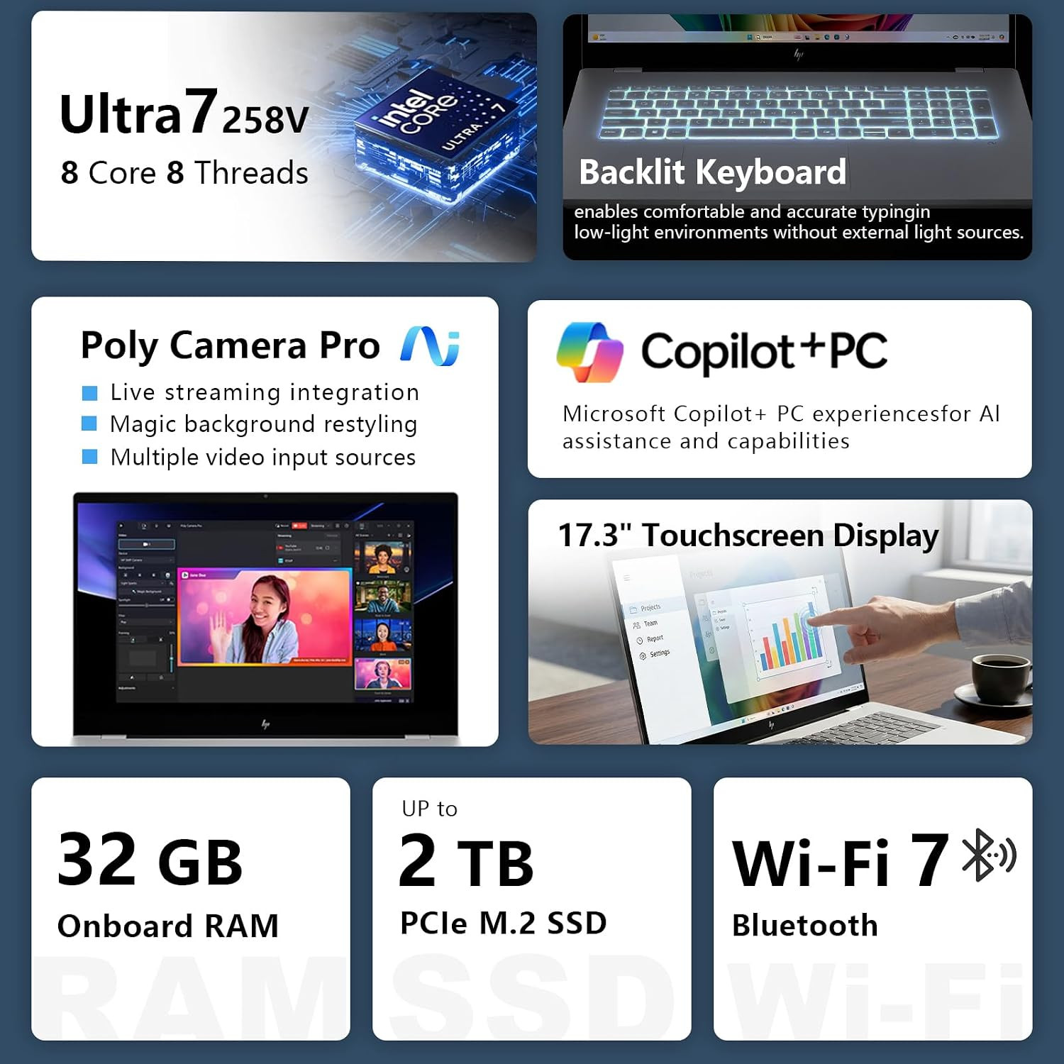 HP Omnibook 7 AI Laptop 17.3″ Touchscreen, Core Ultra 7 258V, 32GB RAM, 2TB SSD,