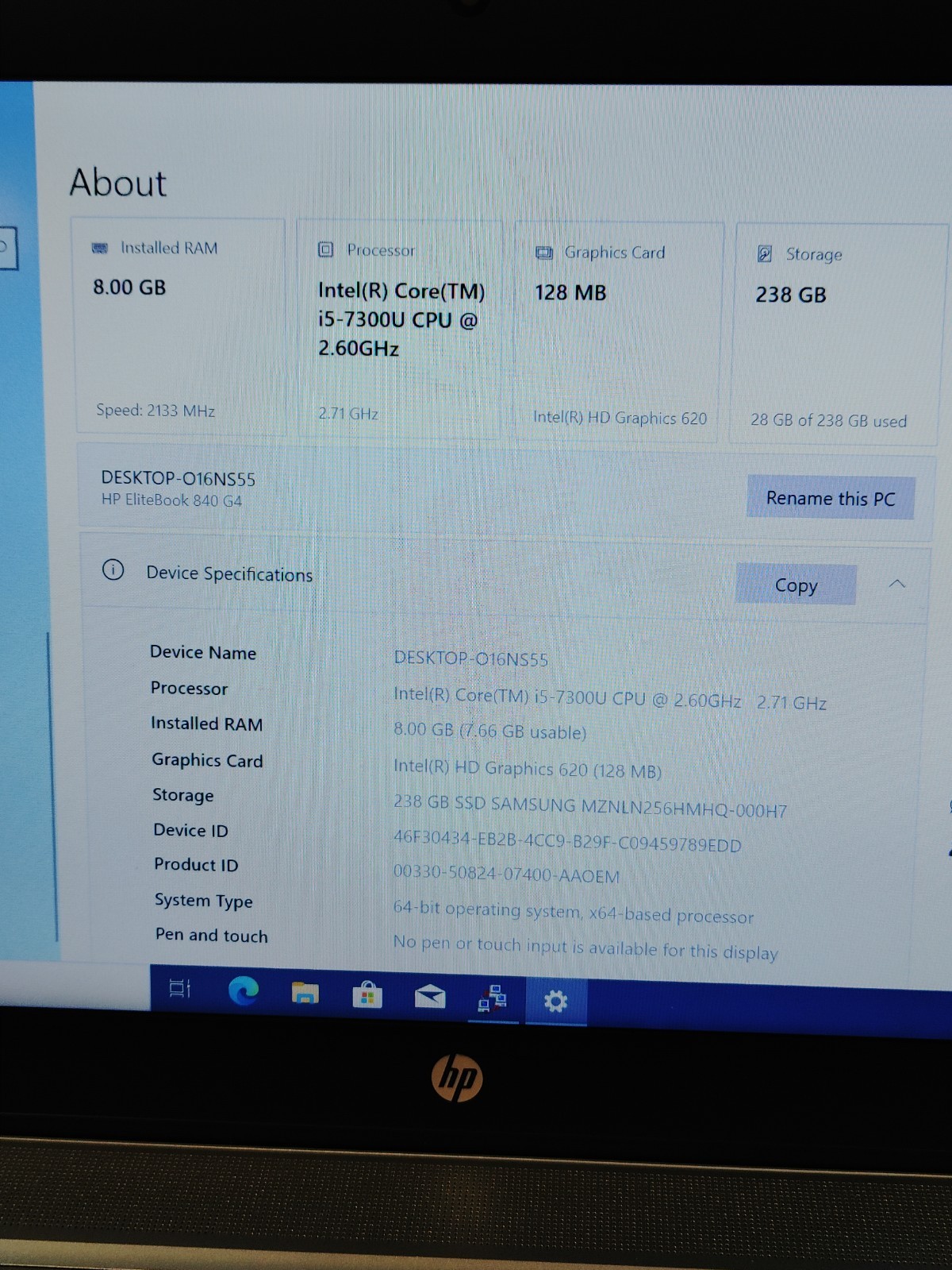 HP EliteBook 840 G4 O16NS55 14 i5-7300U 2.6 8GB 256GB SSD WINDOWS 10 PRO