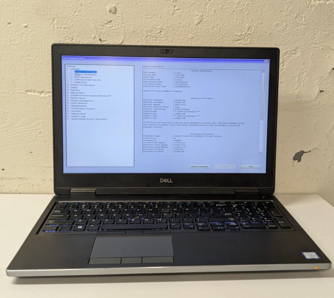 Dell Precision 7540 15.6″ i9-9880H 2.30GHz 32GB No Drive T1000 READ 7T4L453