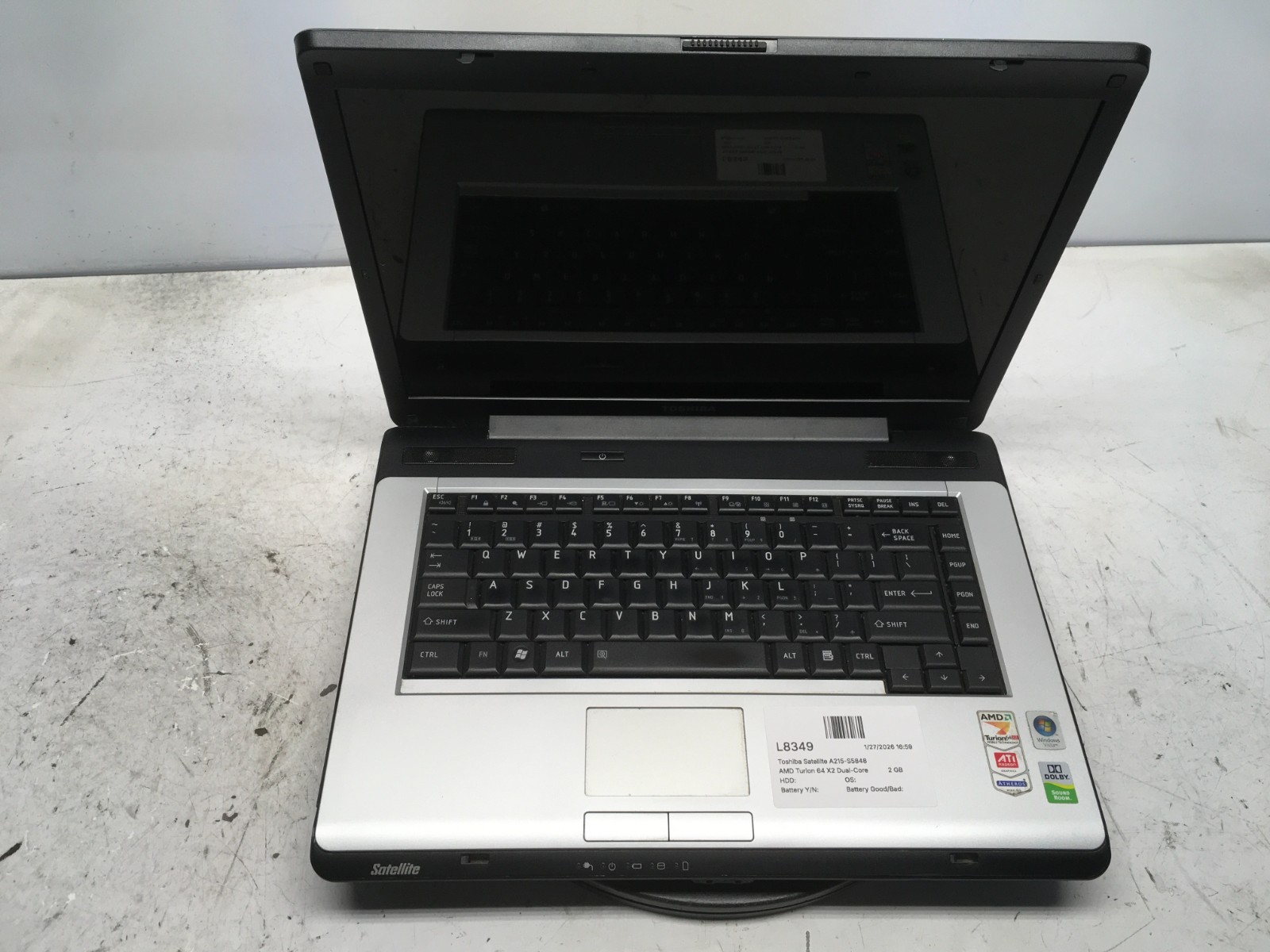 Toshiba Satellite A215-S5848 AMD Turion 64 X2 Dual-Core TL-60 2GHz 2 GB NO HDD